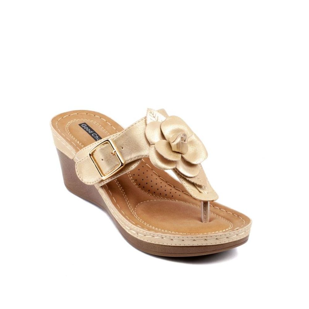 GOOD CHOICE Womens Gold 1/2" Platform Flora Wedge Slip On Thong Sandals 7